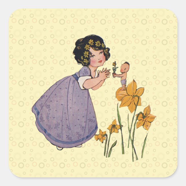 Pegatina Cuadrada Chica Elf Fairy Daffodil Antiguo Pascua (Anverso)