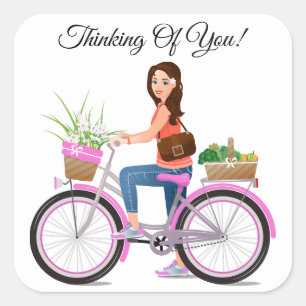Pegatina Cuadrada Chica En La Cesta De Bicicletas Rosadas De Flores
