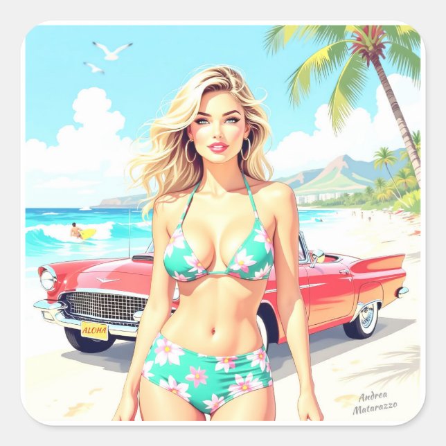 Pegatina Cuadrada Chica en la playa con un coche clásico (Anverso)