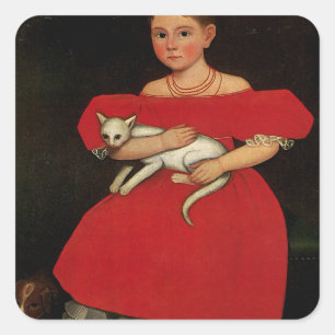 Pegatina Cuadrada Chica en rojo con su gato y su perro