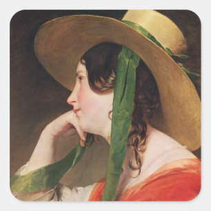 Pegatina Cuadrada Chica en un Gorra de paja amarillo,