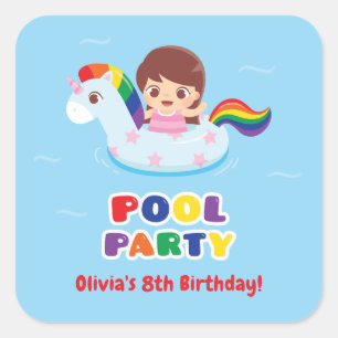 Pegatina Cuadrada Chica en Unicorn Float Pool Pegatinas de cumpleaño