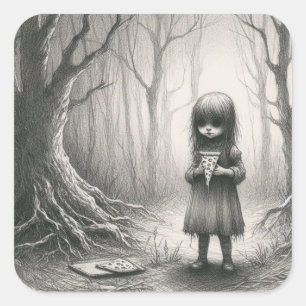 Pegatina Cuadrada Chica espeluznante con Pizza Horror Ilustracion es