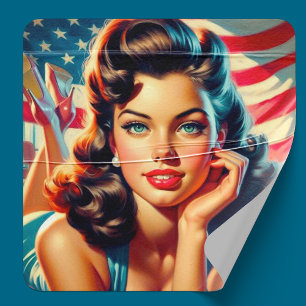 Pegatina Cuadrada Chica estadounidense retro bello