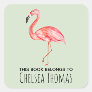 Pegatina Cuadrada Chica Este Libro Pertenece Al Nombre Del Flamingo