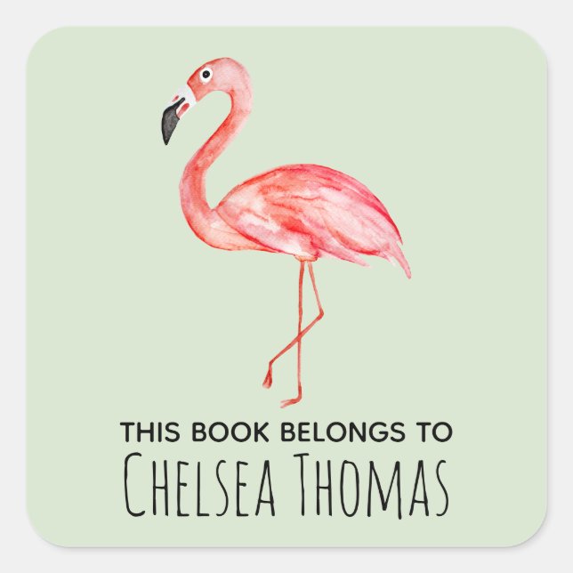 Pegatina Cuadrada Chica Este Libro Pertenece Al Nombre Del Flamingo  (Anverso)