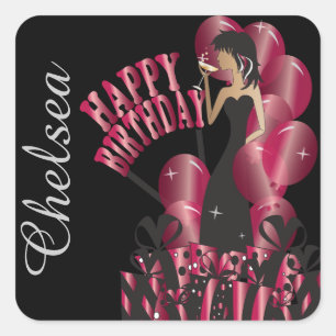 Pegatina Cuadrada Chica Feliz Cumpleaños Diva   Nombre DIY   Rojo de