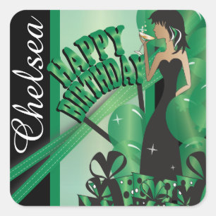 Pegatina Cuadrada Chica Feliz Cumpleaños Diva Nombre DIY Verde