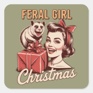 Pegatina Cuadrada Chica Feral Navidad Oposum Xmas Basura Retro