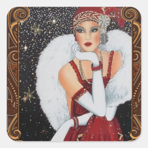 Pegatina Cuadrada Chica Flapper de Navidad Cielo Nocturno Lleno de E
