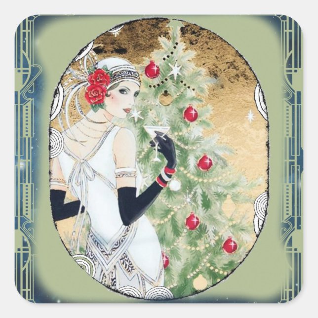 Pegatina Cuadrada Chica Flapper de Navidad con bebida y árbol (Anverso)