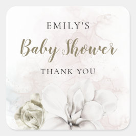 Pegatina Cuadrada Chica floral blanca o boy Baby Shower Gracias