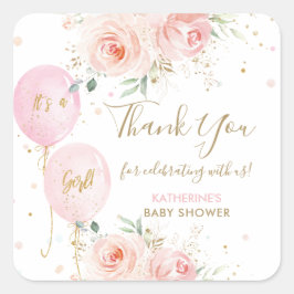 Pegatina Cuadrada Chica Floral de Globos Baby Shower Gracias