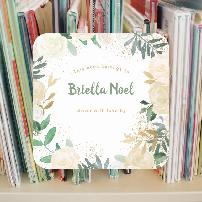 Pegatina Cuadrada Chica Floral de oro blanco Baby Shower Bookplate (Subido por el creador)