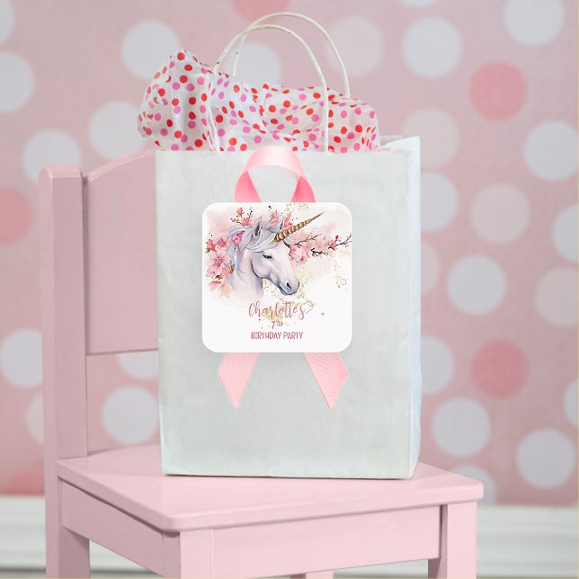 Pegatina Cuadrada Chica floral místico unicornio en la séptima fiest (Mystical Unicorn and Cherry Blossoms Pink Girl 7th Birthday Party Square Sticker)