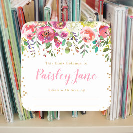 Pegatina Cuadrada Chica floral rosa Baby Shower Bookplate