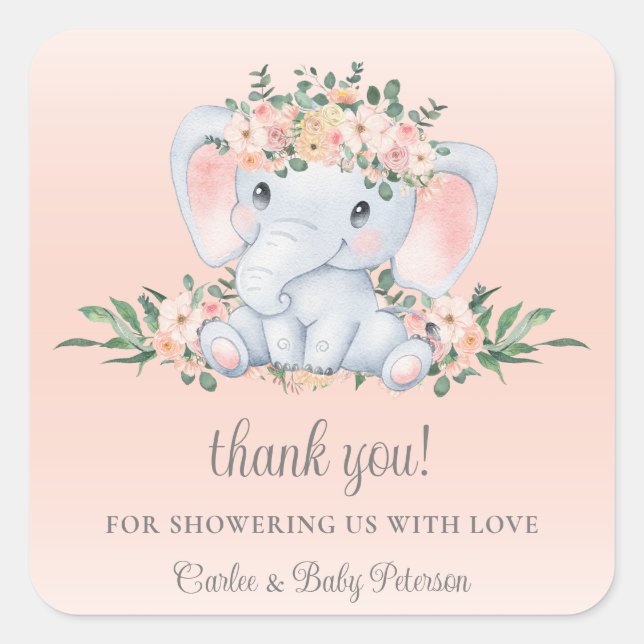 Pegatina Cuadrada Chica floral rosa Cute Elephant Rubor Baby Shower