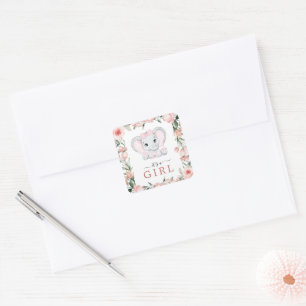 Pegatina Cuadrada Chica floral rosa Cutie Elephant Rubor Baby Shower