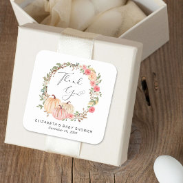 Pegatina Cuadrada Chica Floral Rosa de Calabaza Baby Shower Gracias