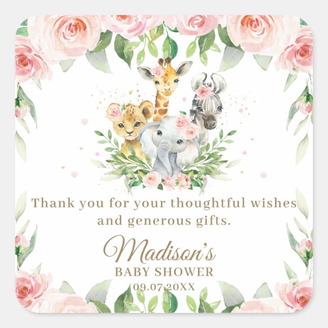 Pegatina Cuadrada Chica Floral Rosa de Safari Animal Jungla Baby Sho (Anverso)
