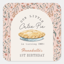 Pegatina Cuadrada Chica floral rosada Cutie Pie Primer cumpleaños