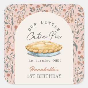 Pegatina Cuadrada Chica floral rosada Cutie Pie Primer cumpleaños