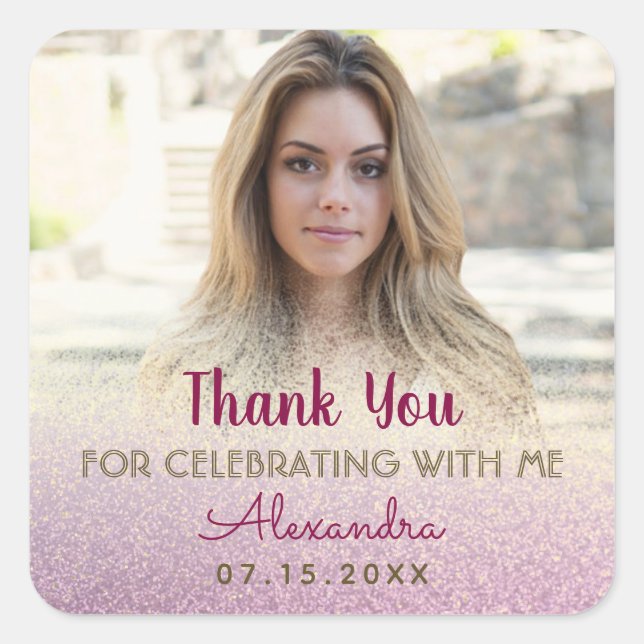 Pegatina Cuadrada Chica fotográfico Cumpleaños Gracias (Anverso)