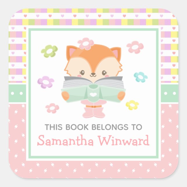 Pegatina Cuadrada Chica Fox Pink and Green Kids Bookplate (Anverso)