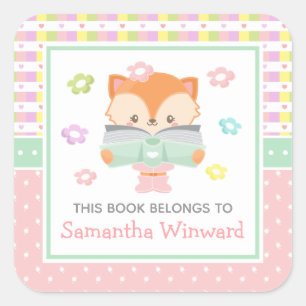 Pegatina Cuadrada Chica Fox Pink and Green Kids Bookplate