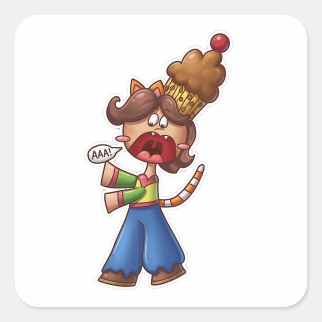 Pegatina Cuadrada Chica Gato Chibi Anime Gritando con Cupcake (Anverso)