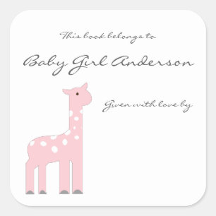 Pegatina Cuadrada Chica Giraffe Baby Shower Bookplate