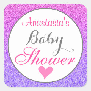 Pegatina Cuadrada Chica & Glam Ombre Morado Rosa Brillo Baby Shower