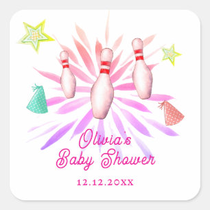 Pegatina Cuadrada Chica Golpea Arriba Fiesta de Bolos para Baby Show