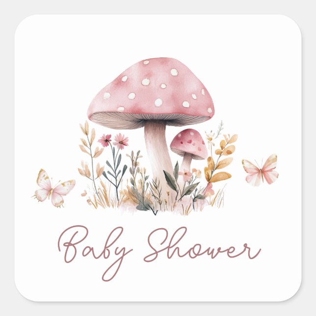 Pegatina Cuadrada Chica hongo rosa Baby Shower Square (Anverso)