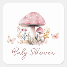 Pegatina Cuadrada Chica hongo rosa Baby Shower Square