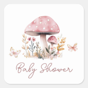 Pegatina Cuadrada Chica hongo rosa Baby Shower Square