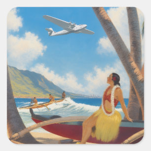 Pegatina Cuadrada Chica Hula Hawaiana Vintage Escape Paradisíaco Alo