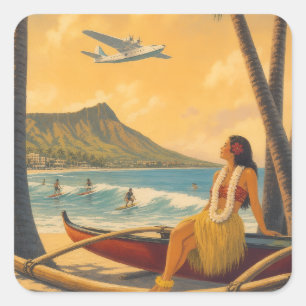 Pegatina Cuadrada Chica Hula Hawaiana Vintage Escape Paradisíaco Alo
