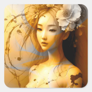 Pegatina Cuadrada Chica japonés penoso