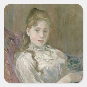 Pegatina Cuadrada Chica joven con el gato, 1892