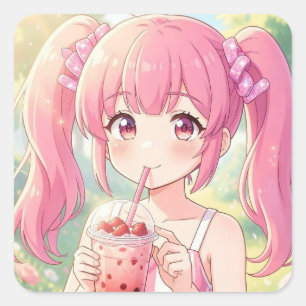 Pegatina Cuadrada Chica linda de anime en rosa bebiendo té de burbuj