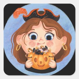 Pegatina Cuadrada Chica lindo con disfraz pirata de Halloween Candy 