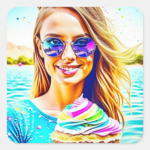 Pegatina Cuadrada Chica lindo con gafas de sol sujetando pastel cump
