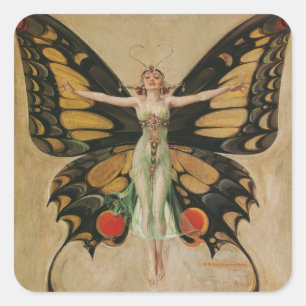 Pegatina Cuadrada Chica Mariposa de Leyendecker Arte Deco Antiguo