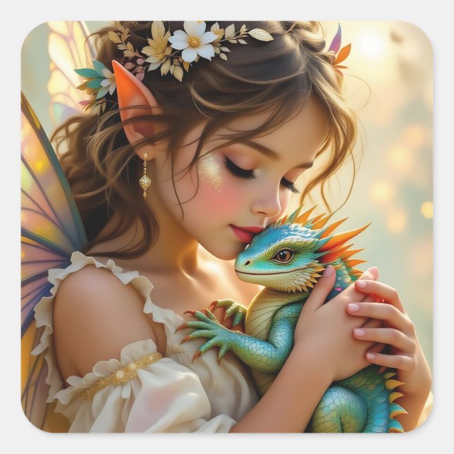 Pegatina Cuadrada Chica Mística Hada y Dragón   (Anverso)