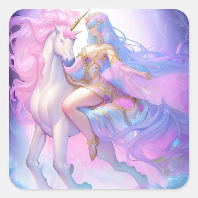 Pegatina Cuadrada Chica montando un unicornio (Anverso)