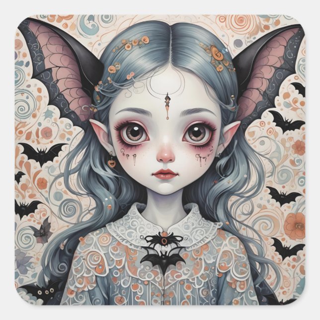 Pegatina Cuadrada Chica Murciélago Fantasía (Anverso)