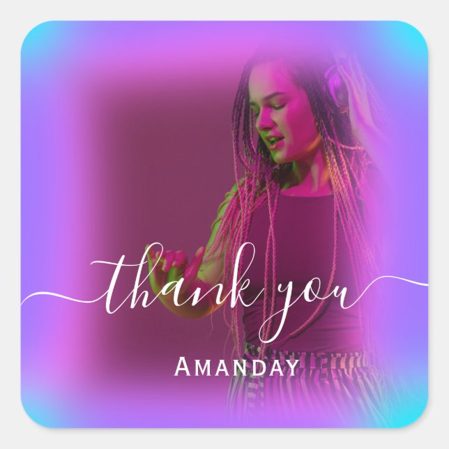 Pegatina Cuadrada Chica musical de cantante neón de Holografía rosa  (Anverso)