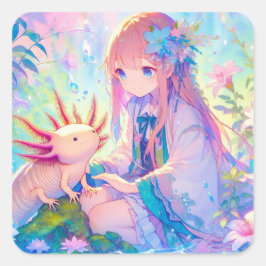 Pegatina Cuadrada Chica Pastel Anime y un Axolotl personalizado