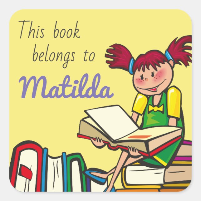 Pegatina Cuadrada Chica personalizado leyendo el libro de pertenenci (Anverso)